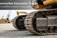 Aftermarket excavator tracks installed on a heavy-duty excavator for improved traction and durability