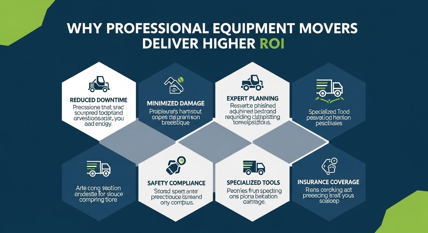 Professional equipment movers safely transporting heavy industrial machinery to improve business efficiency and deliver higher return on investment